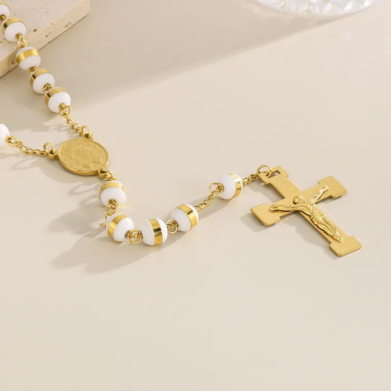 Wholesale European and American Style Trendy 8mm Stainless Steel 18K Gold Cross Necklace Jewelry