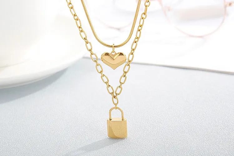 Double-Layered Jewelry Creative Padlock Heart-Shaped Stainless Steel Necklace for Women