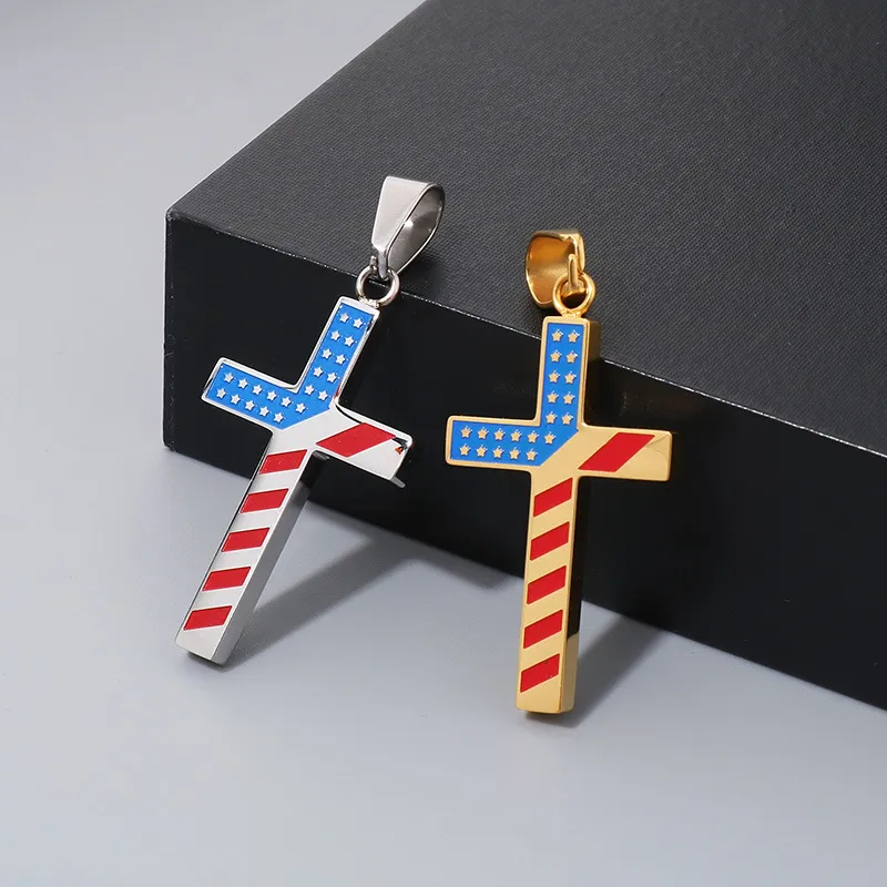 American Red Blue White Star Spangled Stainless Steel Cross Pendant Men's and Women's Jewelry