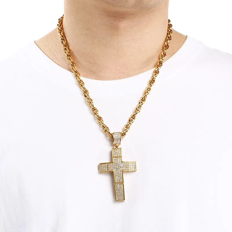 Trendy Fried Dough Twists Chain Hip Hop Full Diamond Double Cross Hollow Pendant Stainless Steel Men's Necklace