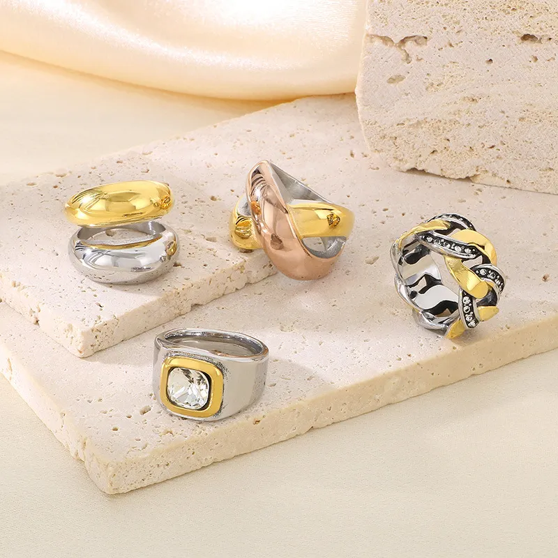 Trendy Fashion Contrast Color Ring Retro Irregular Ins Diamond-Embedded Stainless Steel Rings