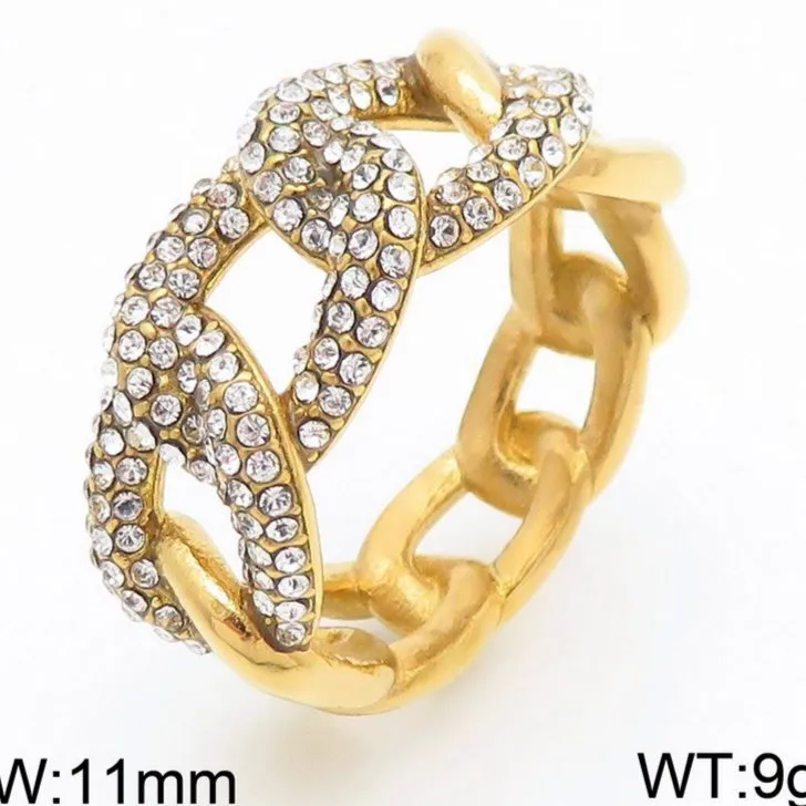 Oversized Diamond-Encrusted Stainless Steel Ring with Unique Geometric Design