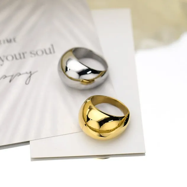 French-Style Trendy Gold Domed Geometric Stainless Steel Ring for Men and Women