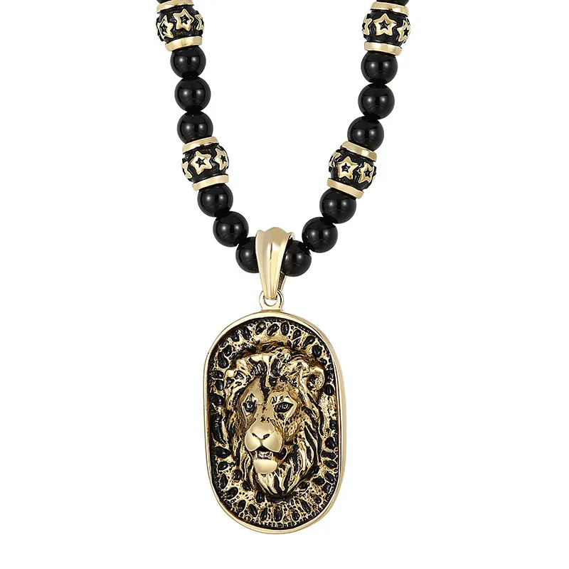 European and American Style Jewelry, Stainless Steel Exaggerated Lion Head Pendant, Ethnic Style Buddhist Beads, Beaded Necklace Long Necklace