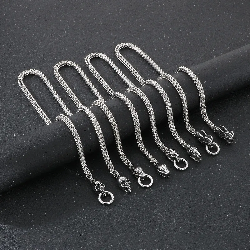 Vintage and Personalized DIY Zodiac Snake Jewelry, Punk Style, Aged Double Dragon Head Ghost Dragon Bone Chain Stainless Steel Men's Necklace