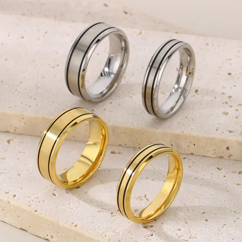 Trendy 18K Gold-Plated Frosted Stainless Steel Couple Rings for Valentine's Day Gifts