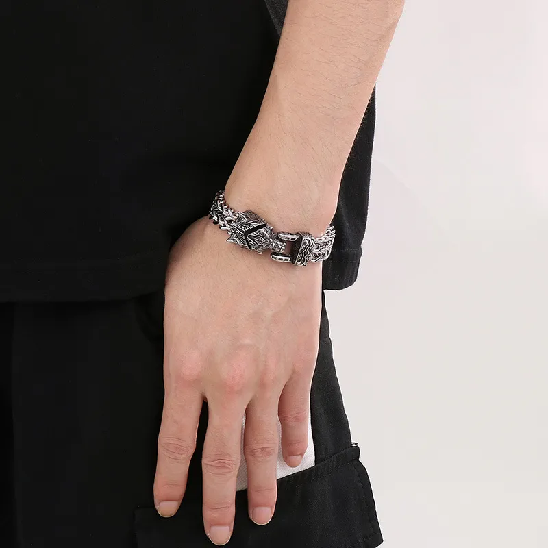 Cross-Border Nordic Viking-Style Eagle Beak Jewelry, Punk Retro Wolf Head and Snake Head Reversible Chain Stainless Steel Men's Bracelet