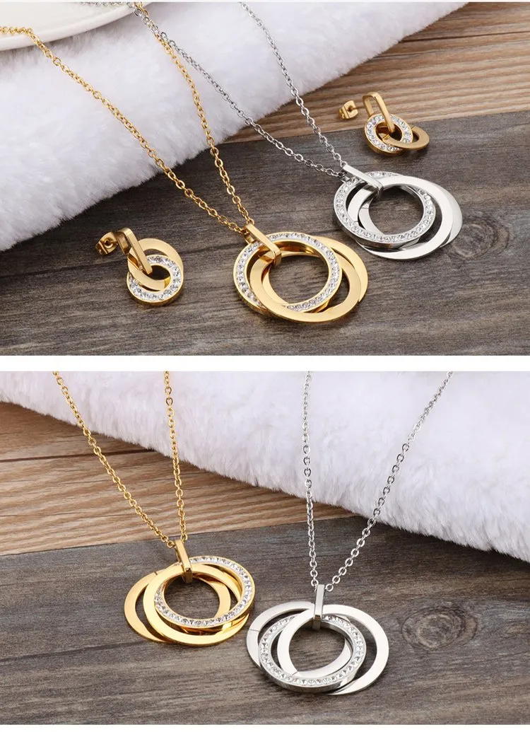 European American Stainless Steel Jewelry Double Interlocking Diamond-Embedded Women's Jewelry Set Wholesale