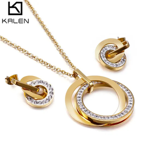 European American Stainless Steel Jewelry Double Interlocking Diamond-Embedded Women's Jewelry Set Wholesale