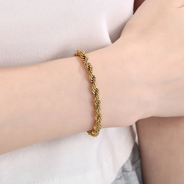 Unisex Style Lobster Clasp Chain 18K Gold Plated Twisted Stainless Steel Bracelet