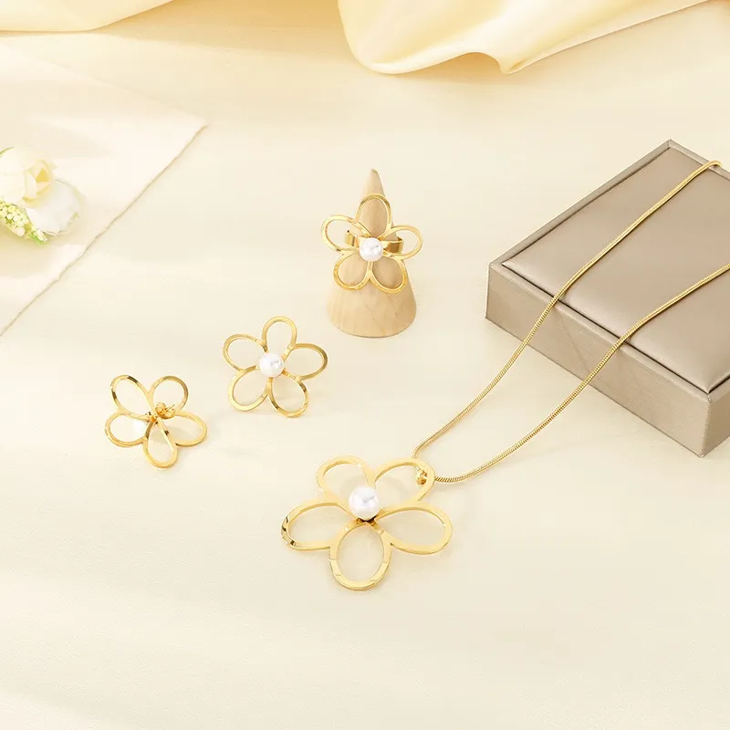 Fashion 4-Piece Hollow Flower Pearl Blue Natural Stone Inlay Stainless Steel Jewelry Set