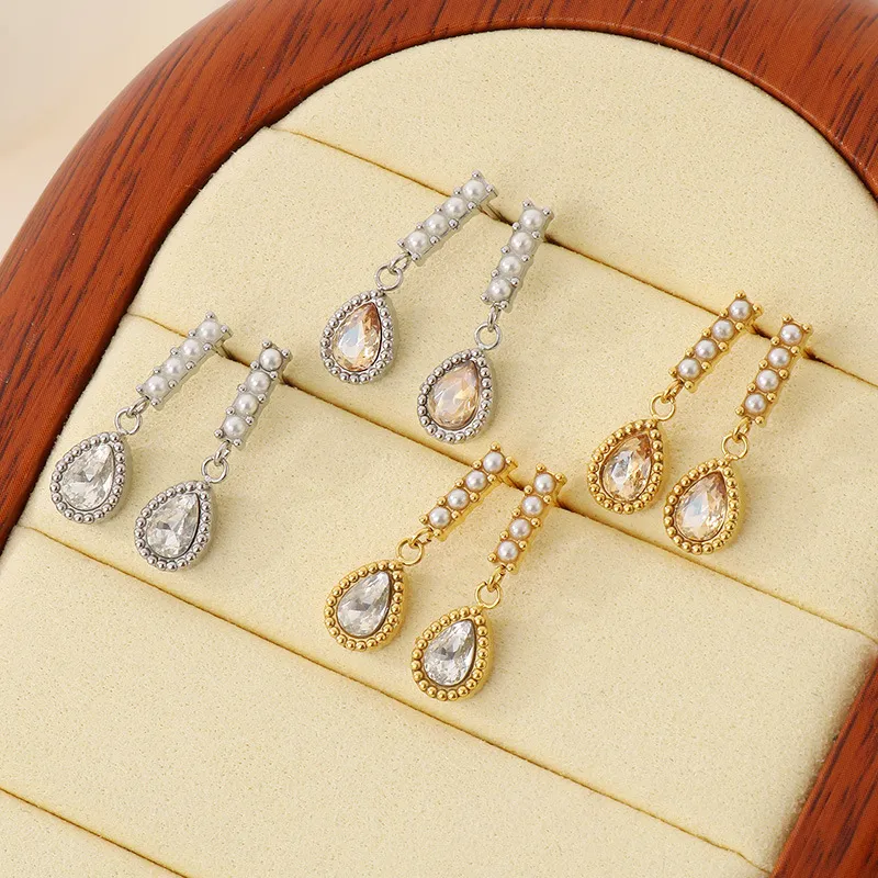 Stainless Steel Jewelry Droplet Shaped Diamond Inlaid Shell Bead Earrings