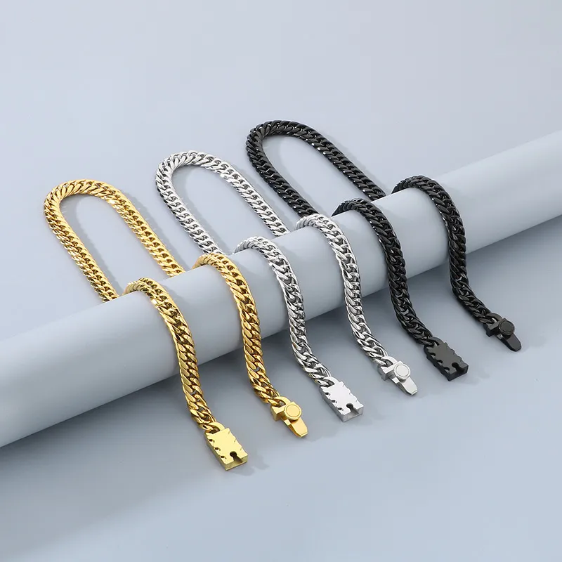 Personalized Double-Knitted Round Polished Button Bracelet, European and American Fashion Double-Knitted Denim Chain Polished Stainless Steel Men's Necklace Set