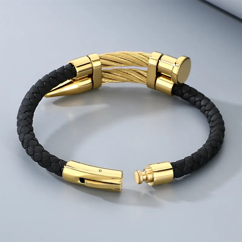Punk Style Personalized Stainless Steel Nail Head Domineering Men's Leather Bracelet Wholesale