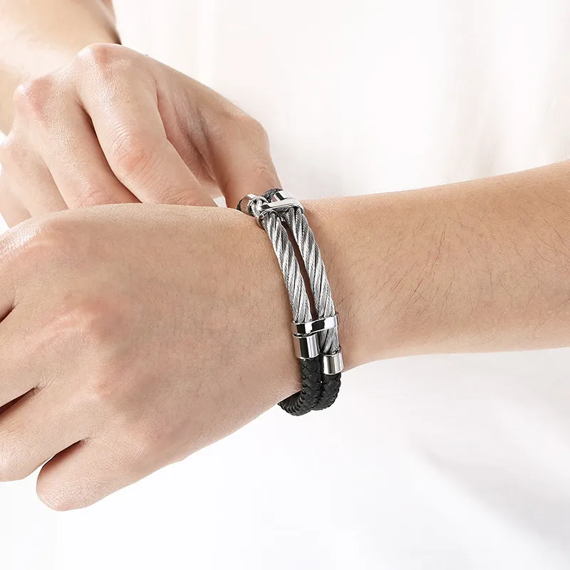 Trendy and Personalized Stainless Steel Wire Woven Double-Layer Leather Rope Bracelet Jewelry
