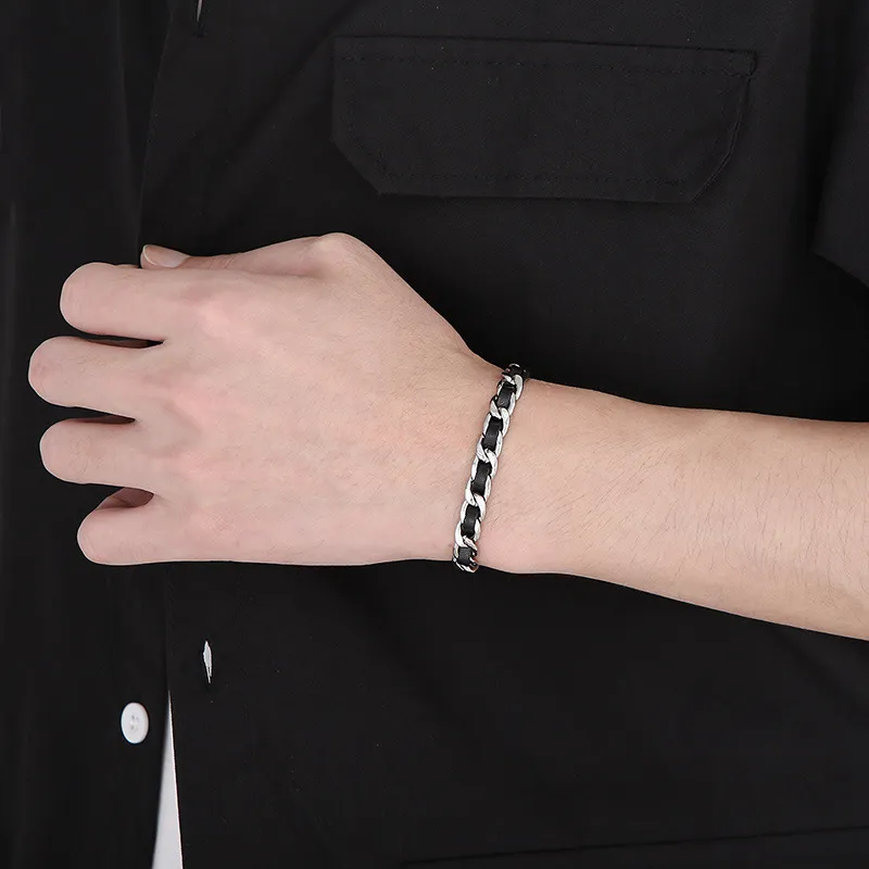 Stainless Steel Nk Chain Paired with Black Leather Bracelet Suitable for Daily Wear