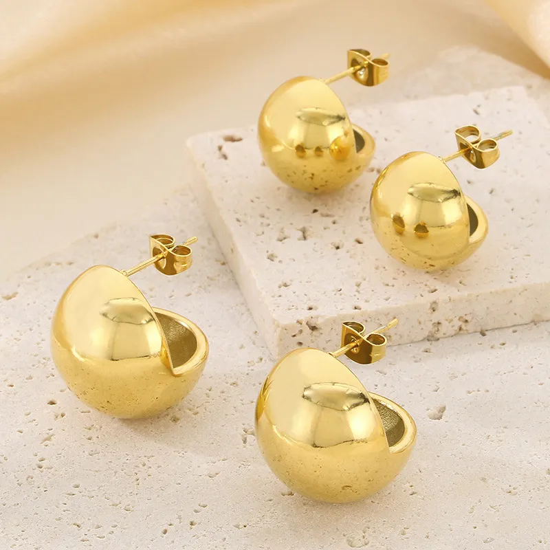 Polished Spherical Semi-Hollow Stud Earrings Hollow Round Stainless Steel Earrings Women