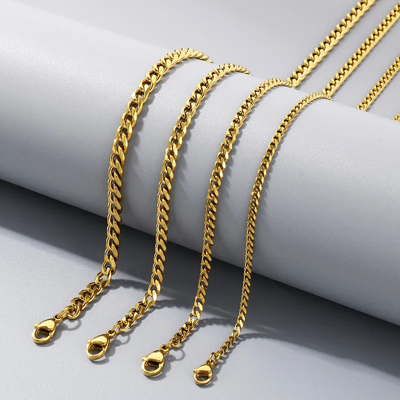 Trendy 6-Sided Polished Cuban Link Bracelet Necklace Multi-Size Stainless Steel Clavicle Chain Jewelry Set