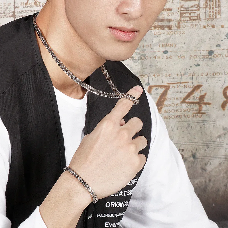 Japanese and Korean Fashionable and Minimalist Men's Skeleton Chain Necklace, Personalized and Versatile Stainless Steel Reversible Bracelet Set