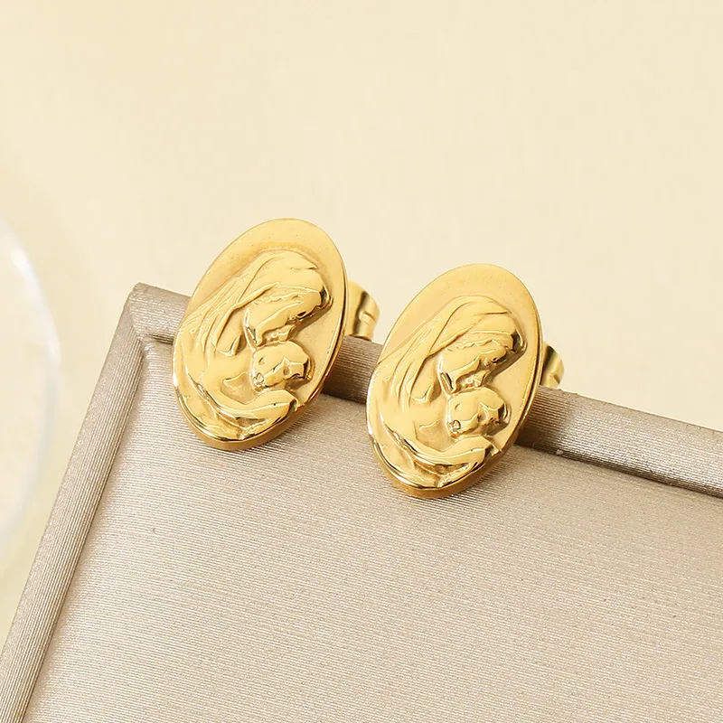 Vintage French Lady Stud Earrings 18K Gold Plated Stainless Steel Earrings for Mother's Day