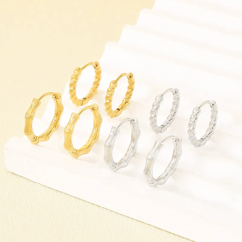 Bamboo Joint Stainless Steel Earrings Twist Hoop Earrings Minimalist Unisex Daily Jewelry