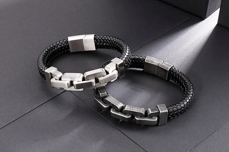 European and American Style Stainless Steel Chain Splicing Leather Jewelry Men's Bracelet