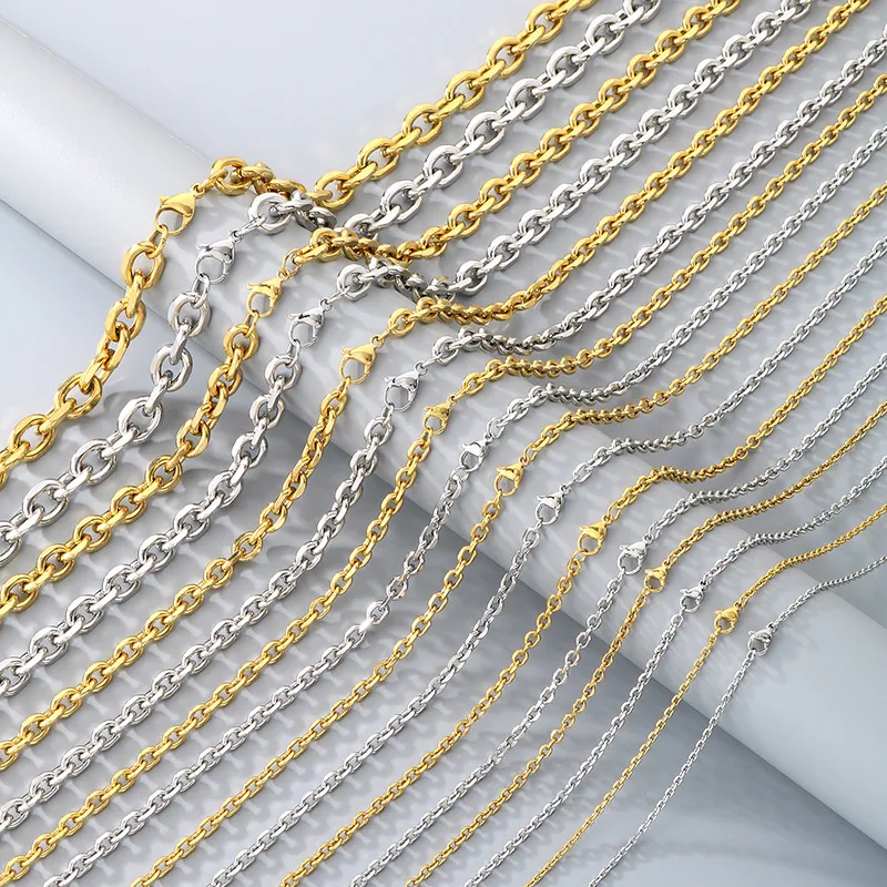 Trendy and Versatile Stainless Steel Dog-Leg Chain Bracelet, Minimalist O-Shaped Trimmed Chain Lobster Claw Clasp Necklace Set for Men and Women