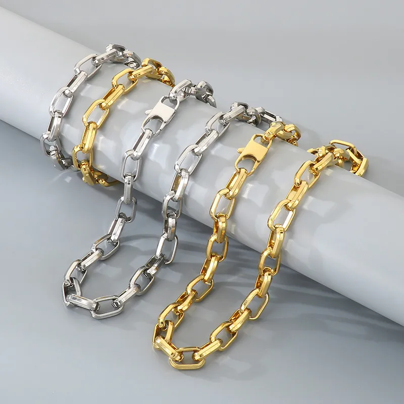 Stainless Steel Fashion Simple Square Chain Trapezoidal Square Buckle Bracelet&Necklace Set