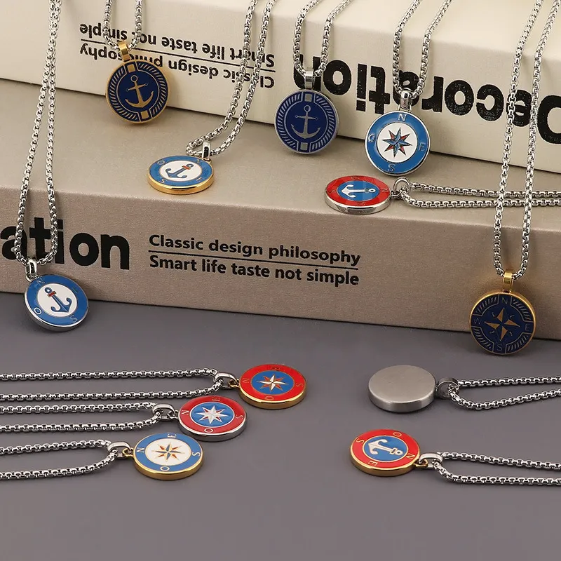 Couple Necklace, Stainless Steel Sailing Ship Anchor, Starry Sea Compass, Male Pendant, Personalized Niche Compass Design, Sweater Chain