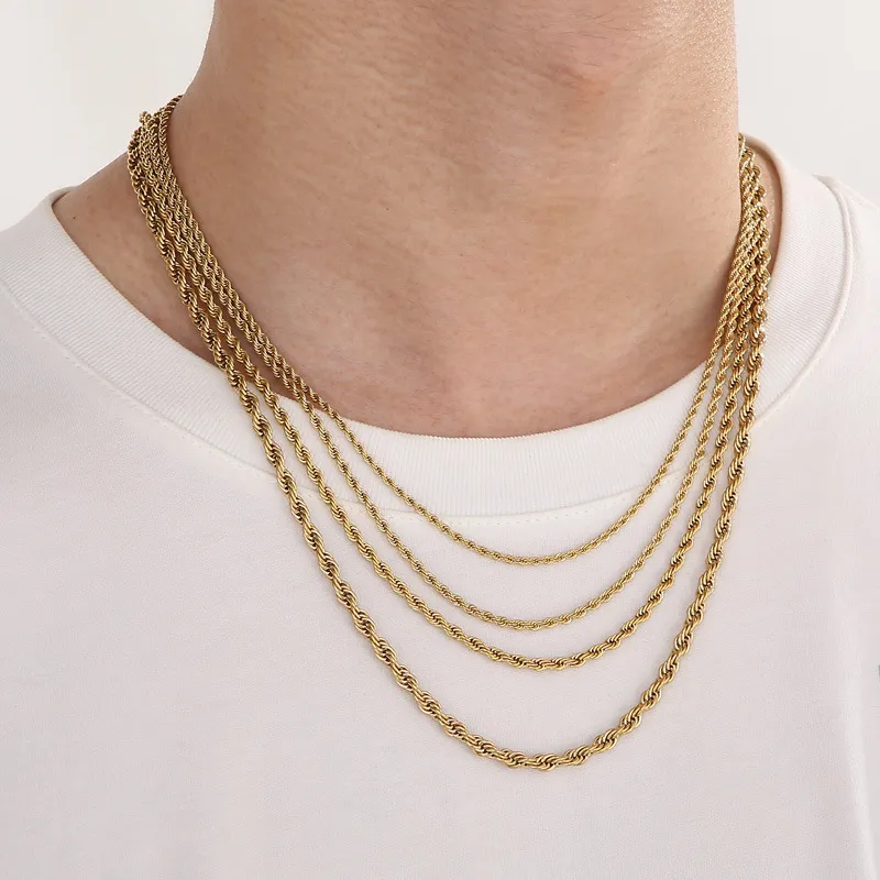 Stainless Steel Fried Dough Twists Chain Vacuum Plating Gold Necklace Fashion Hip Hop Jewelry