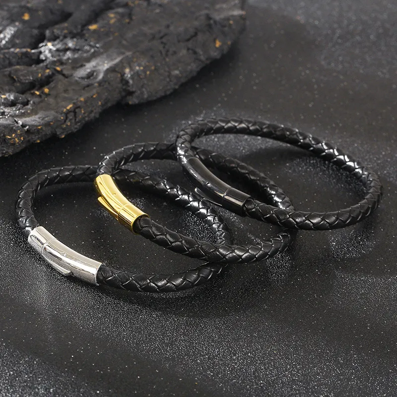 Men's Personalized Leather Rope Weaving Bracelet Stainless Steel Snap Button Trendy Men's Simple Plain Circle Bracelet