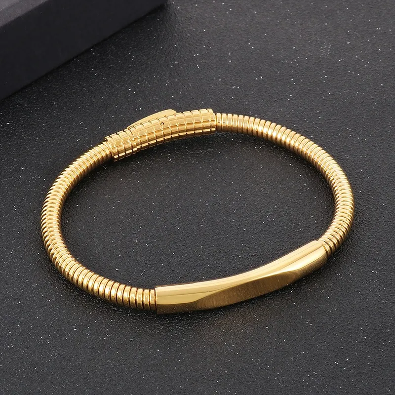 Trendy Men's Stainless Steel Polished Geometric Curved Plate with Engraved Logo Circular Ring Snake Bone Bracelet