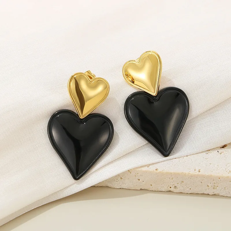 Women Gold Plated Stainless Steel Double Heart Earrings Luxury Hypoallergenic Earrings