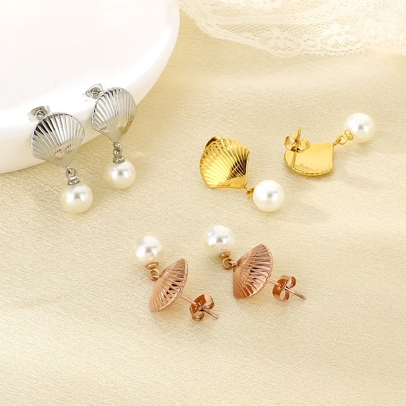 Ins Metal Shell Pearl Tassel Stainless Steel Earrings European Summer Vacation Jewelry Women