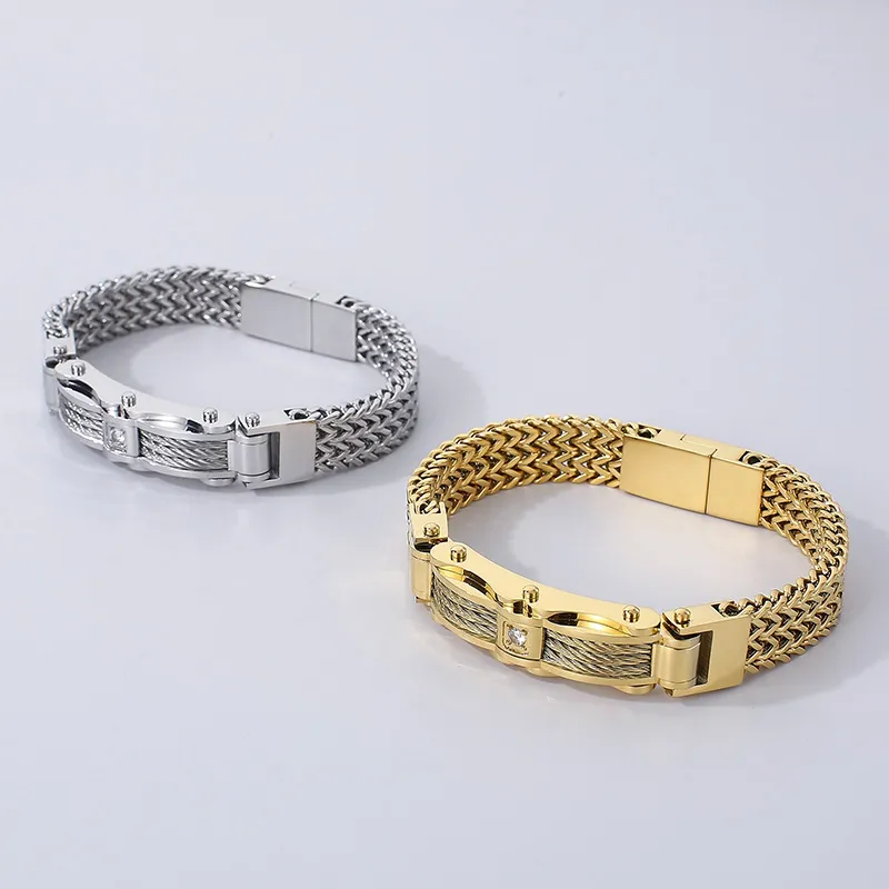 Fashion Creative Chain Stainless Steel Men's Magnetic Buckle Gold Plated Zircon Bracelet