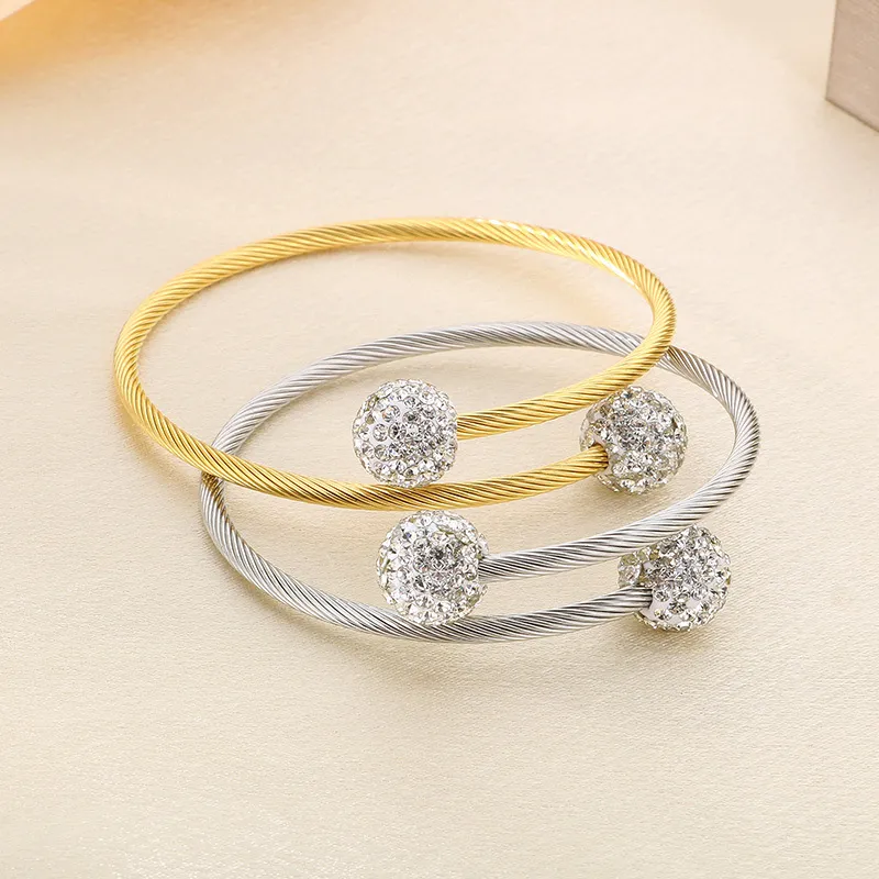 Fashion Round White Clay Full Rhinestone Open Wire Woven Stainless Steel Bangle