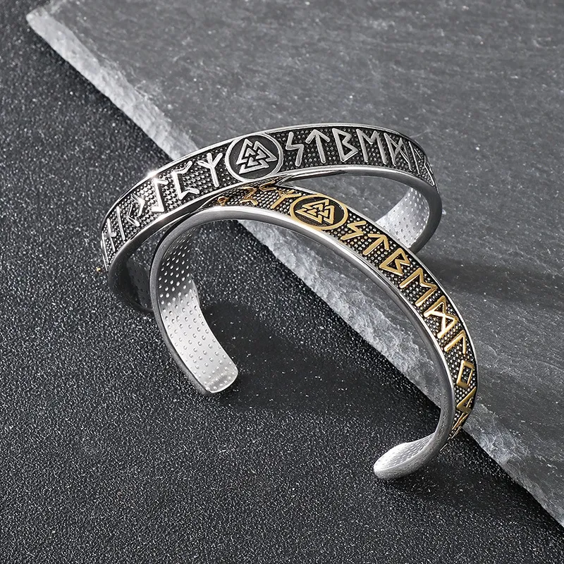 Vintage Viking Runic Textured Bracelet, Nordic Mythology Triangle Knot Personalized Men's Stainless Steel C-Shape Jewelry
