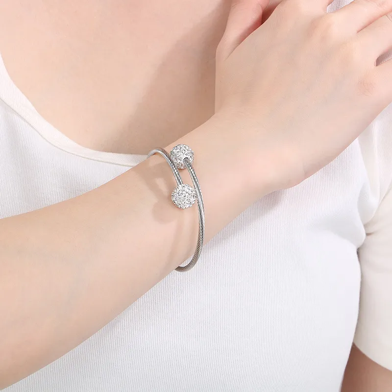Fashion Round White Clay Full Rhinestone Open Wire Woven Stainless Steel Bangle