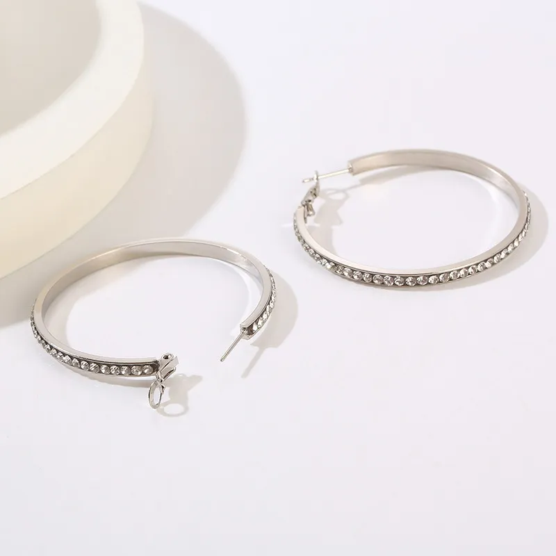 Trendy Statement Earrings Geometric Round Hollow Rhinestone-Embedded Stainless Steel Hoops Women Wholesale