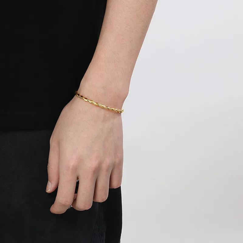 Ins Stainless Steel Textured C-Shaped Adjustable Bracelet Personality Twisted Rope Bangle Wholesale