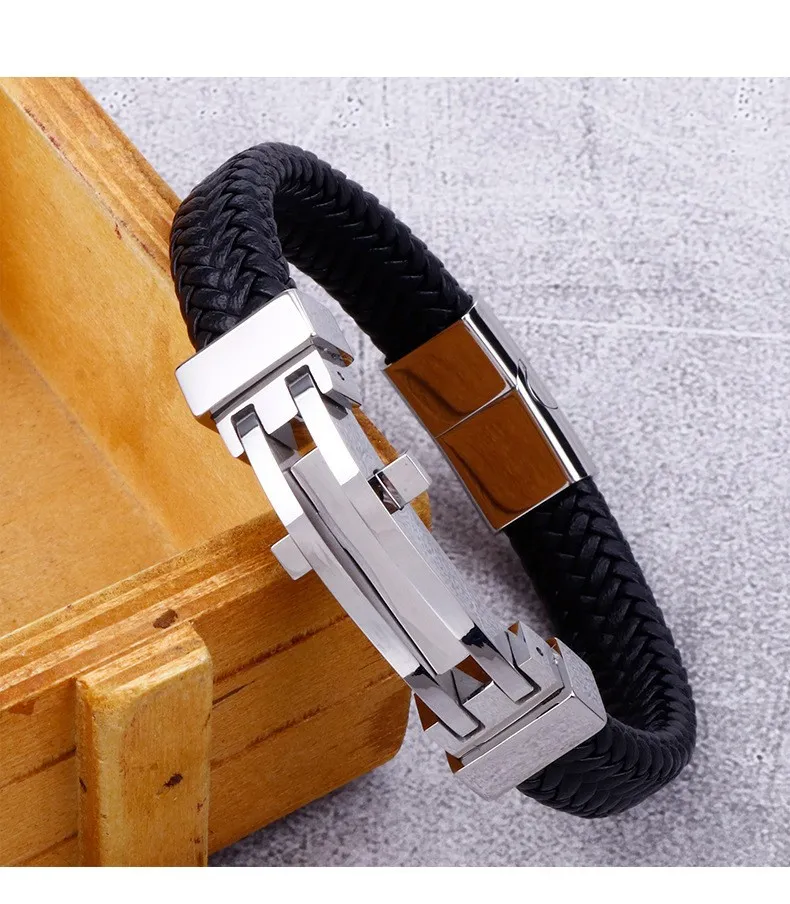 New Stainless Steel Geometric Men's Leather Bracelet Wholesale Personalized Fashion Bracelet