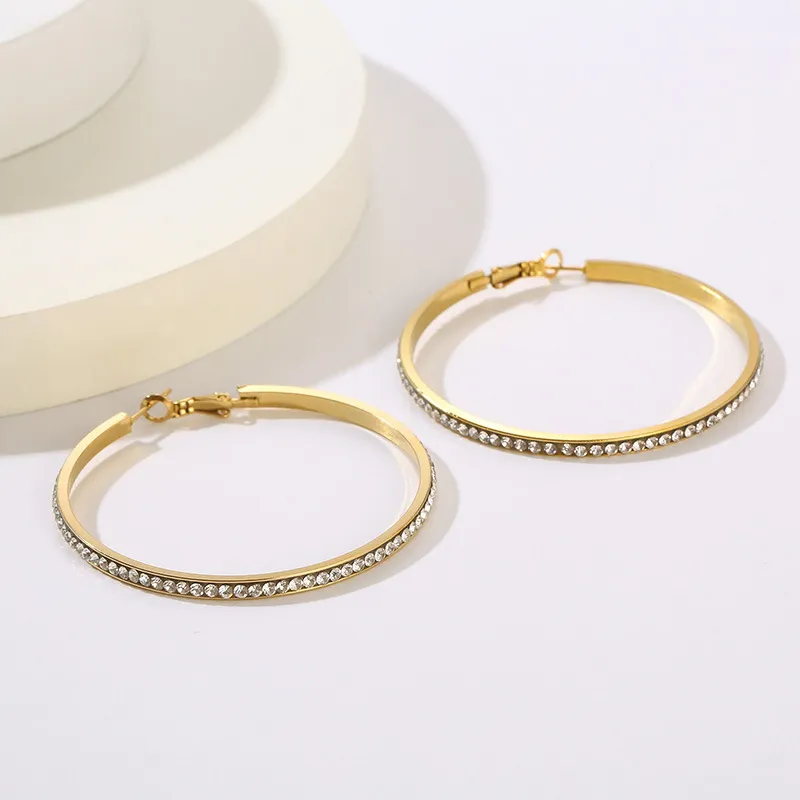 Trendy Earrings Bold Exaggerated Geometric Round Hollow Rhinestone-Embedded Stainless Steel Hoop Earrings
