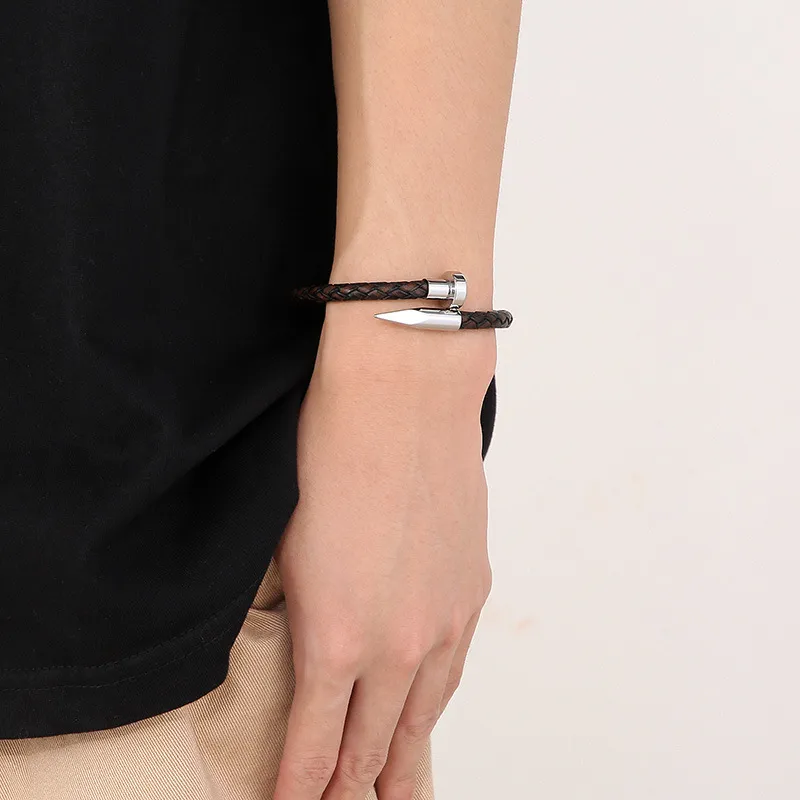 Wholesale Creative Stainless Steel Braided Leather Nail Opening Bracelet Men's Magnetic Buckle Bracelet