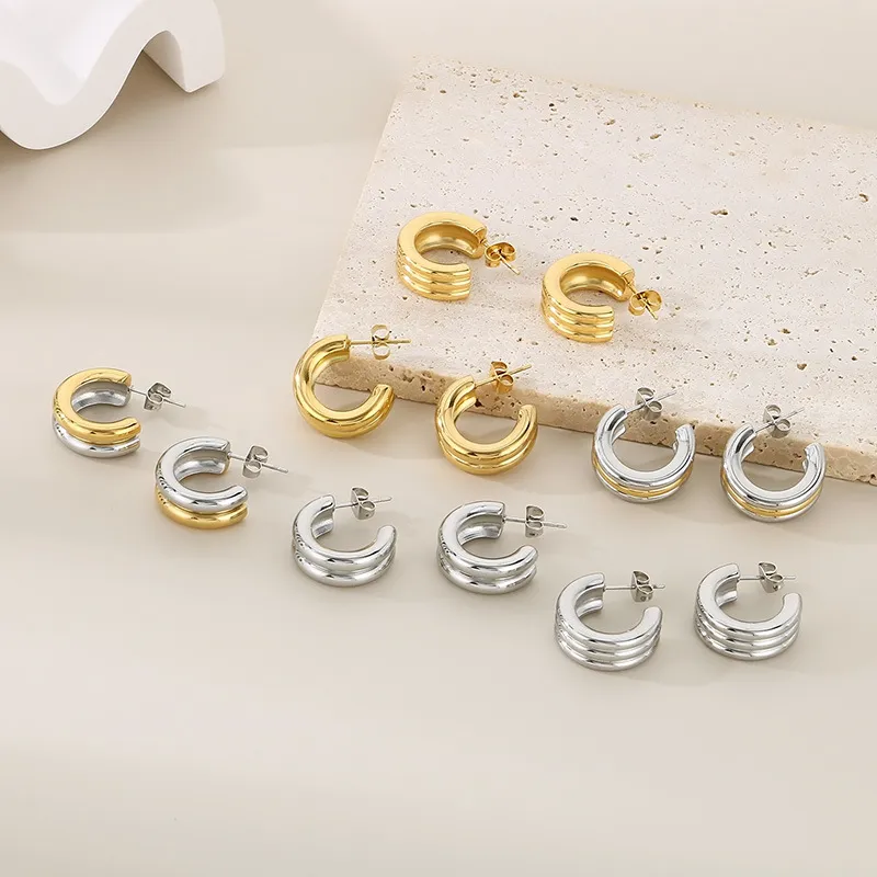 French Fashion Stainless Steel Creative Three Ring C-Shaped Temperament Versatile Girl Earrings