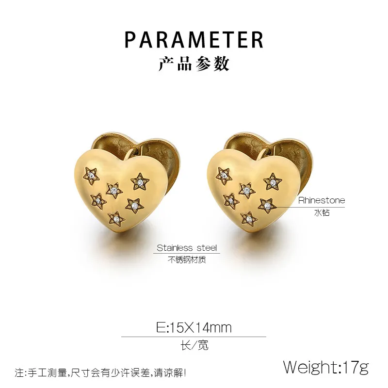Fashion Double-Sided Heart Rhinestone-Embedded Ear Buckles 18K Gold-Plated Stainless Steel Smooth Earrings