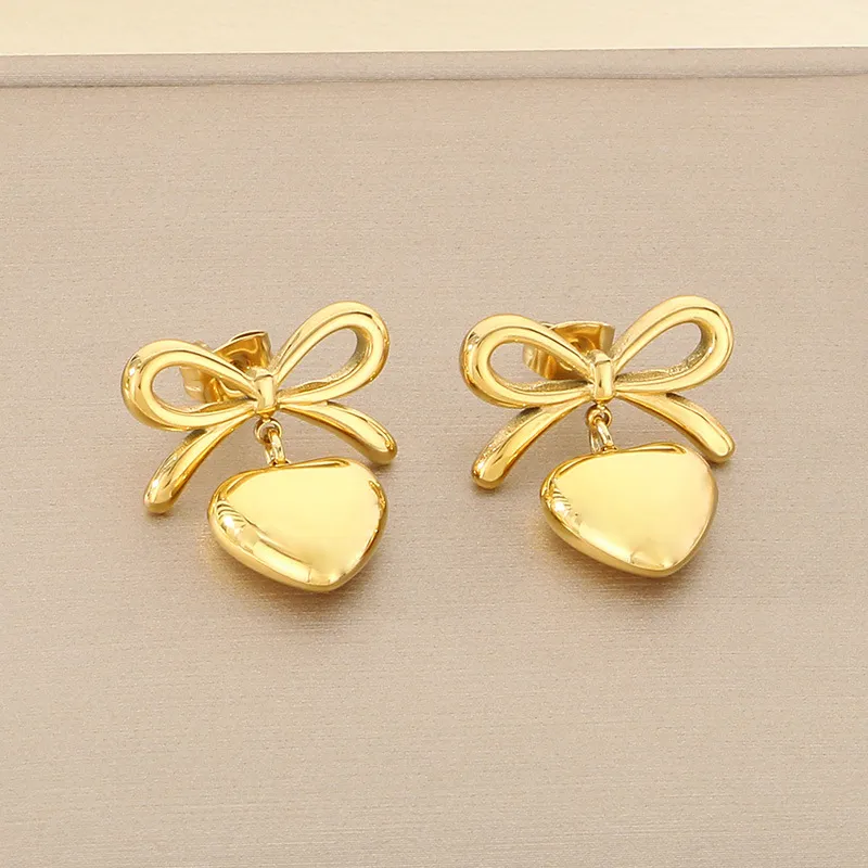 Fashion Earrings 18K Gold-Plated Stainless Steel Ribbon Bow Heart Sweet Temperament Studs Earrings