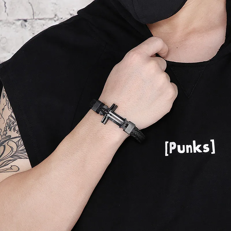 Kalen Fashion Stainless Steel Creative Cross Men's Woven Cowhide Leather Bracelet