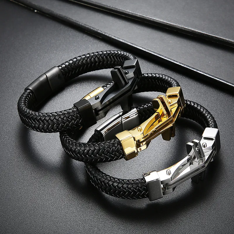 Kalen Fashion Stainless Steel Creative Cross Men's Woven Cowhide Leather Bracelet