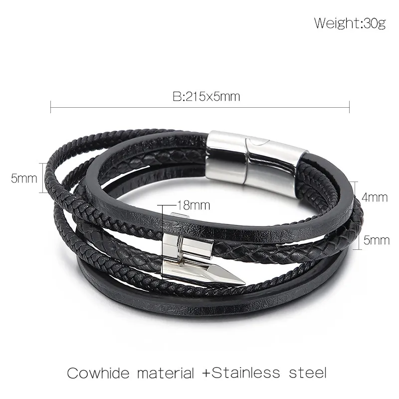 Jewelry Wholesale Stainless Steel Nails Creative Multi-Layer Woven Leather Bracelet