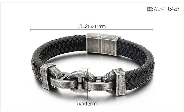 Trendy Men's Jewelry Stainless Steel Geometric Chain Splicing Woven Cowhide Leather Bracelet